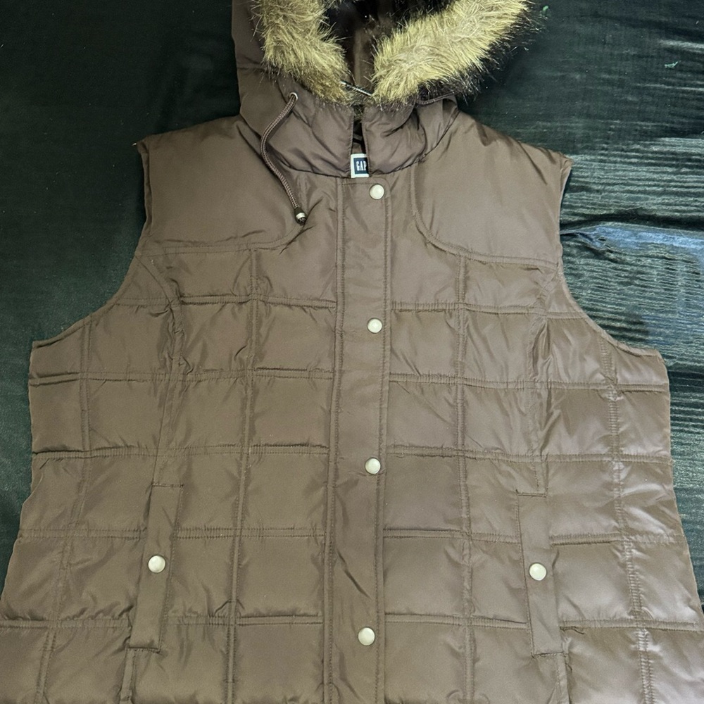 GAP Brown Quilted Vest with Faux Fur Hood